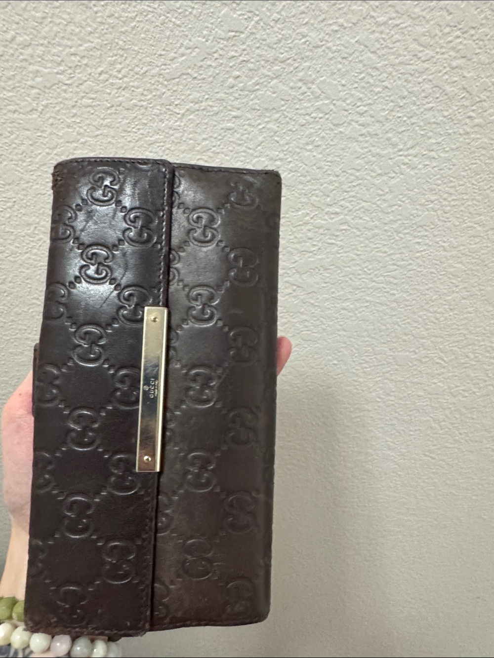 Gucci Dark Brown Embossed Leather Long Wallet with Gold Plaque
